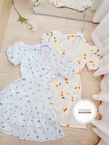 Đầm hoa cổ V xoè bèo 2 lớp