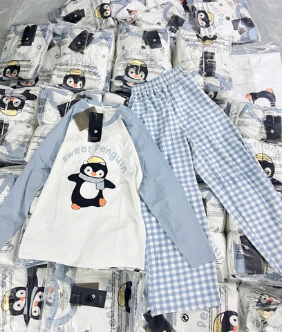 Set81- Set mặc nhà áo cotton chim cánh cụt phối quần suông kẻ