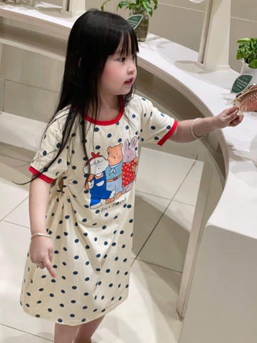 CB297-Combo 2 đầm bé gái dáng nhún eo màu hồng bi chất cotton