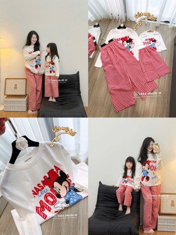 SET1039- Bộ mặc nhà mẹ con áo thun dài tay mickey và quần suông kẻ