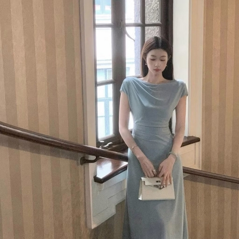 Dam178- Váy lụa dài sát nách xếp ly eo 2 màu xanh be