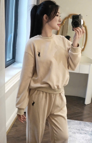 Set778- Bộ nỉ nữ vải bông dài tay bo ống 2 màu be hồng