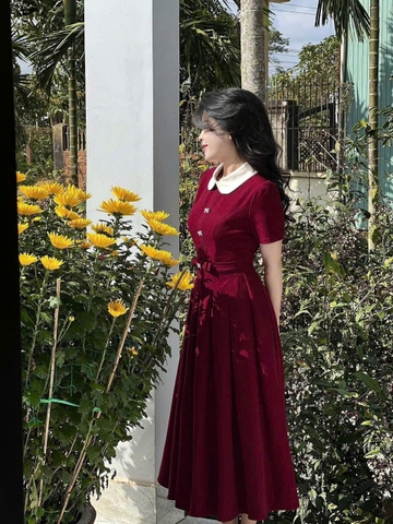 DAM142-VÁY DÀI XẾP LY NƠ EO CỔ SEN TRẮNG