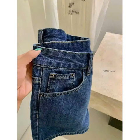 QUAN117- quần short Jeans xanh đậm mác da