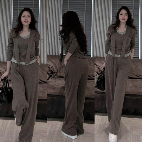 Set1061- Set áo díp lông thỏ cổ khăn phối quần suông nâu