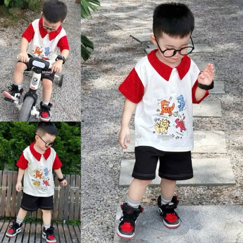 ✌🏻BT565- Bộ polo áo trắng cổ đỏ mix quần kaki nâu