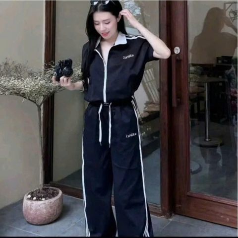 SET731- Set quần áo gió dài tay kéo khoá 2 màu đen trắng
