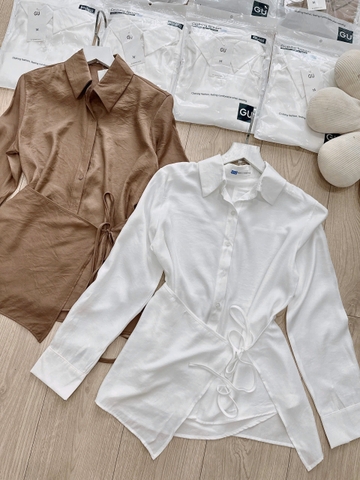 A122-Áo sơmi nữ đũi buộc lệch vạt 2 màu trắng nâu
