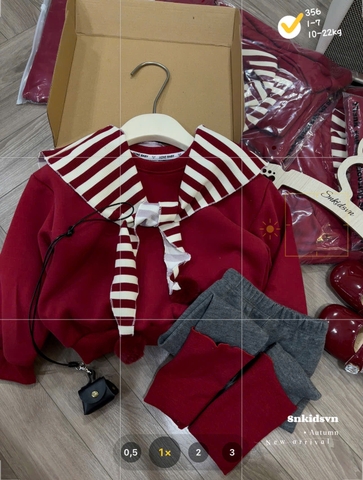 Bt750- bộ nỉ đỏ bé gái legging kèm khăn rời quả bông màu đỏ