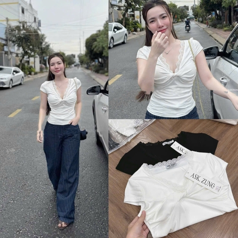 A351- Áo viền ren xoắn ngực 2 màu đen-trắng