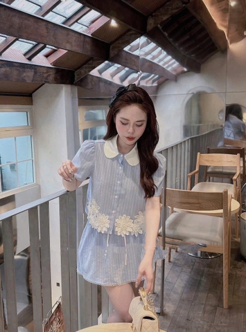 SET578- Set kẻ xanh cộc đính hoa nổi viền ren chân chất kẻ mát