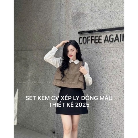 SET361- Set áo somi phối dạ và chân váy xếp ly nâu xám