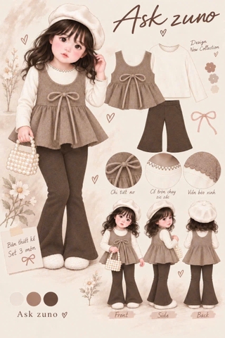 Bt1098- Set 3 chi tiết bé gái quần loe tông nâu