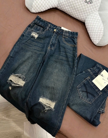 QUAN014-QUẦN JEANS SUÔNG RÁCH 2 BÊN MÀU ĐẬM