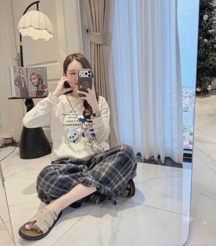 SET1080- Bộ mặc nhà áo cotton phối quần kẻ bo ống