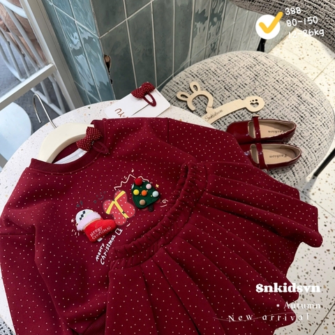 Bt763- Bộ nỉ lông màu đỏ chấm bi noel bé gái