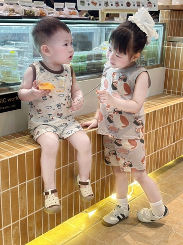 CB353- Combo 2 bộ viền Nâu B e hoạ tiết in chất cotton trẻ em