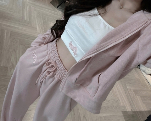 [KEM ÁO TRONG] Set817- Set 3 cho tiết tăm lông thêu màu hồng quần suông