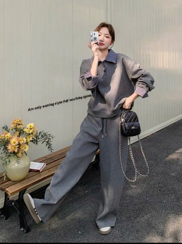 SET736-Bộ nỉ dài tay phối quần suông màu xám chất nỉ dày dặn