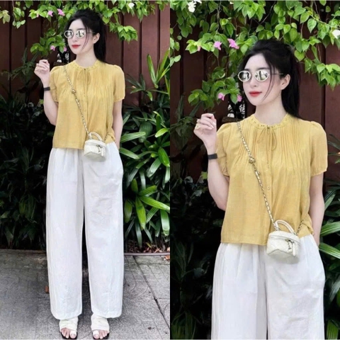Set661- SET BỘ ÁO TƠ LI PHỐI CỔ REN HAI LỚP MIX QUẦN  BAGGY LI