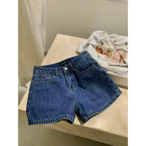 QUAN117- quần short Jeans xanh đậm mác da