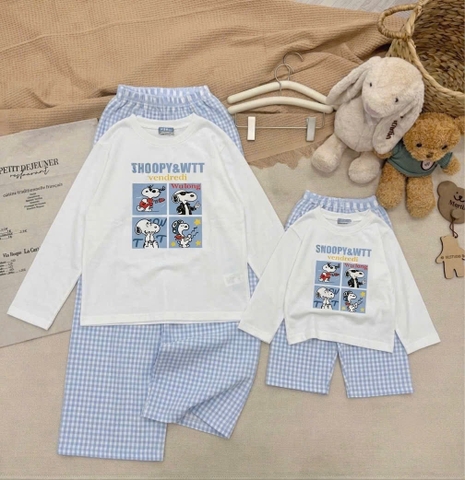 SET1024-Set quần áo đôi mẹ con vải cotton trắng xanh