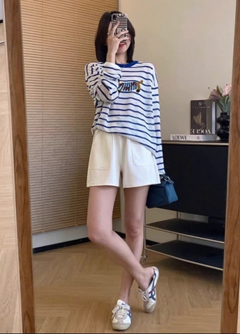 Set706- Set áo thun xước dài tay kẻ xanh phối quần short