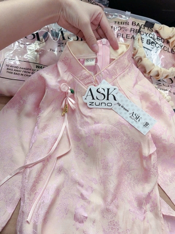 bt829- Bộ áo dài bé gái màu hồng quần vàng lụa vân chìm