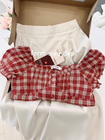 Set717-Set áo kẻ đỏ trễ vai phối quần ống suông