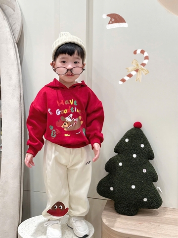 Bt702- Bộ nỉ Noel mũ bông trẻ em màu đỏ b e