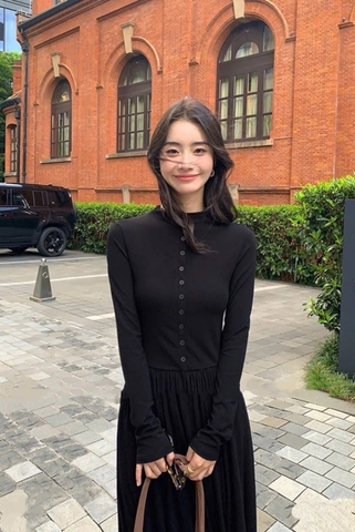 Dam185- Váy midi đen dài phối cúc cộc tay