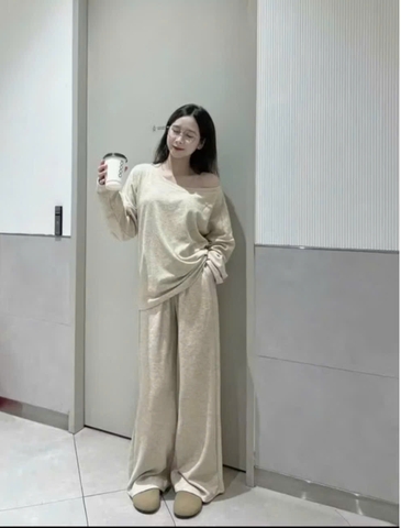 Set839- Bộ nỉ díp lông áo lệch mai phối quần suông be