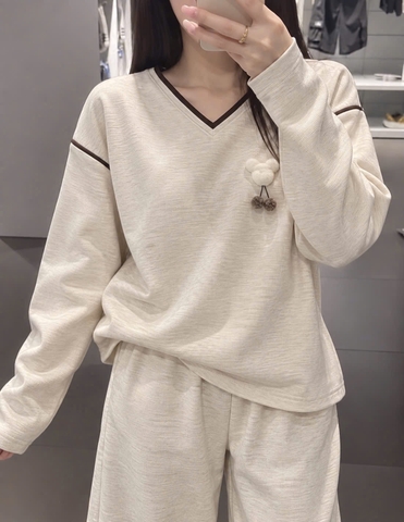 SET1058- Set nỉ dip mặc nhà màu be kèm charm