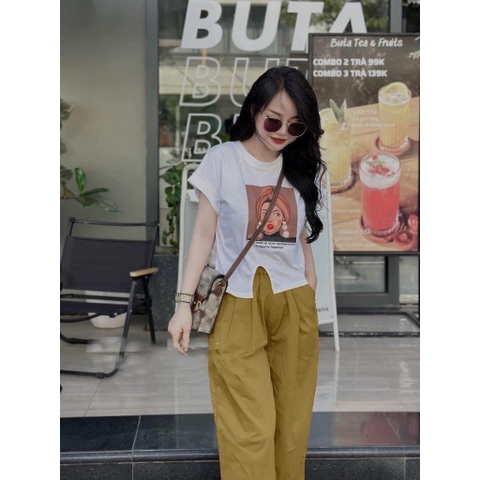 SET034-Set quần baggy màu vàng mix kèm áo phông cô gái