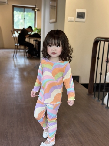 Cb163-Combo 3 bộ nỉ dài tay bé gái thu đông hoạ tiết xanh cam