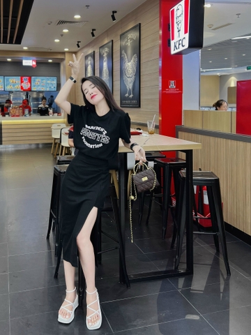 Set đầm chữ xẻ chất zip tàu 2 màu đen, xám