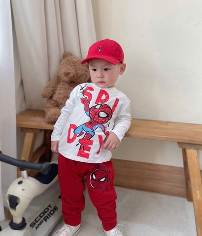 Cb372-Combo 2 bộ thun dài tay nhện đỏ trắng bé trai