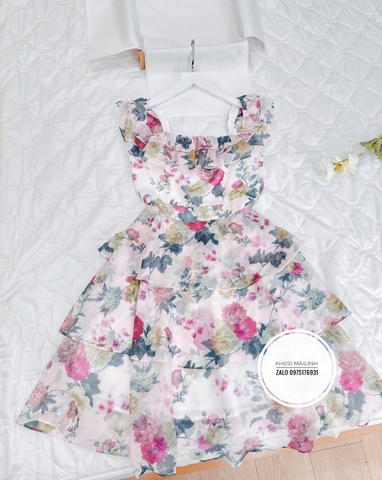 Đầm voan tầng cổ vuông 2 lớp