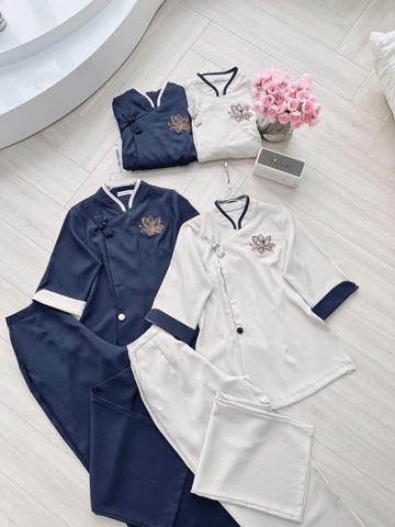 🌿SET253- PHÁP PHỤC ĐI CHÙA THÊU SEN 2 MÀU  THAN-BE