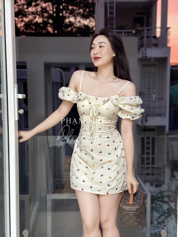 Đầm be thêu hoa cup ngực 2 lớp