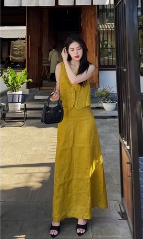 et683- Set CV đũi vàng 2 lớp dáng dài cúc trước