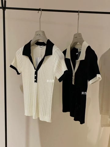 A310- Áo polo len dệt kim cộc tay vải tăm 2 màu đen trắng
