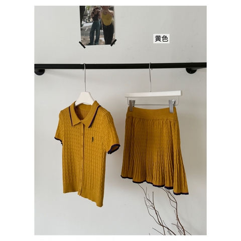 SET720-Set áo len cộc thêu phối chân váy xoè thể thao 2 màu vàng trắng