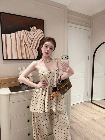 Set970- Set áo dây chấm bị phối quần suông dài