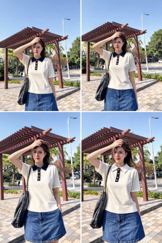A508-Áo len cộc tay dệt kim cổ bẻ đen trắng mẫu mới 2026