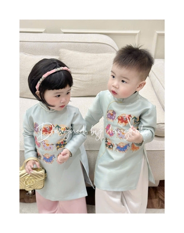 A175-Áo dài trẻ em cặp đôi trai gái 2 MÀU XANH,VÀNG chất gấm cao cấp hoạ tiết thêu