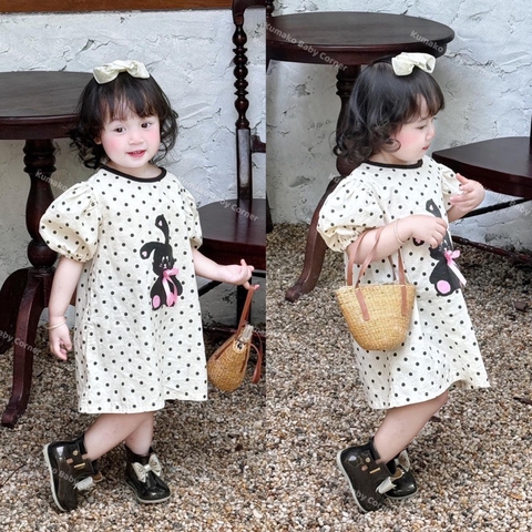 DAMKID014-Đầm thỏ đen nơ hồng chấm bi bé gái chất cotton