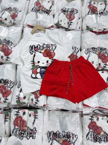 Set684- Set kitty áo trắng quần đỏ dáng cộc  chất cotton