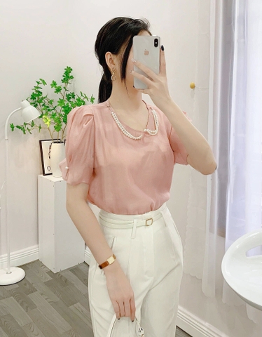 Áo sơ mi tơ viền ngọc tay bồng 3 màu