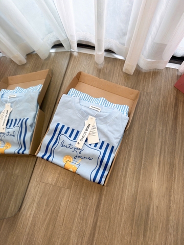 SET1017-Set thun cộc áo kẻ xanh phối quần short